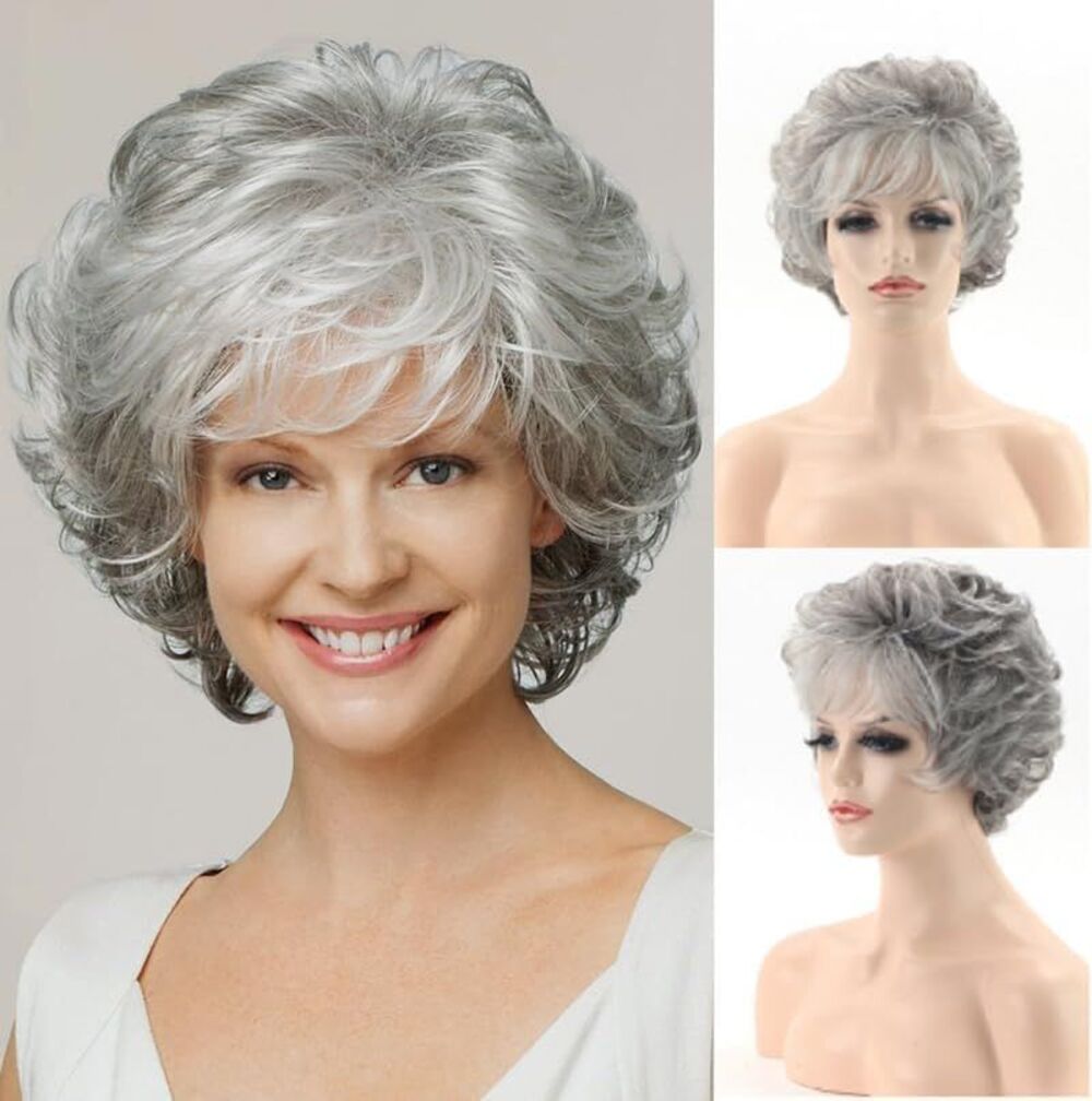 Silver Gray Pixie Wig 5" Short Hair with Bangs Heat Resistant Lightweight